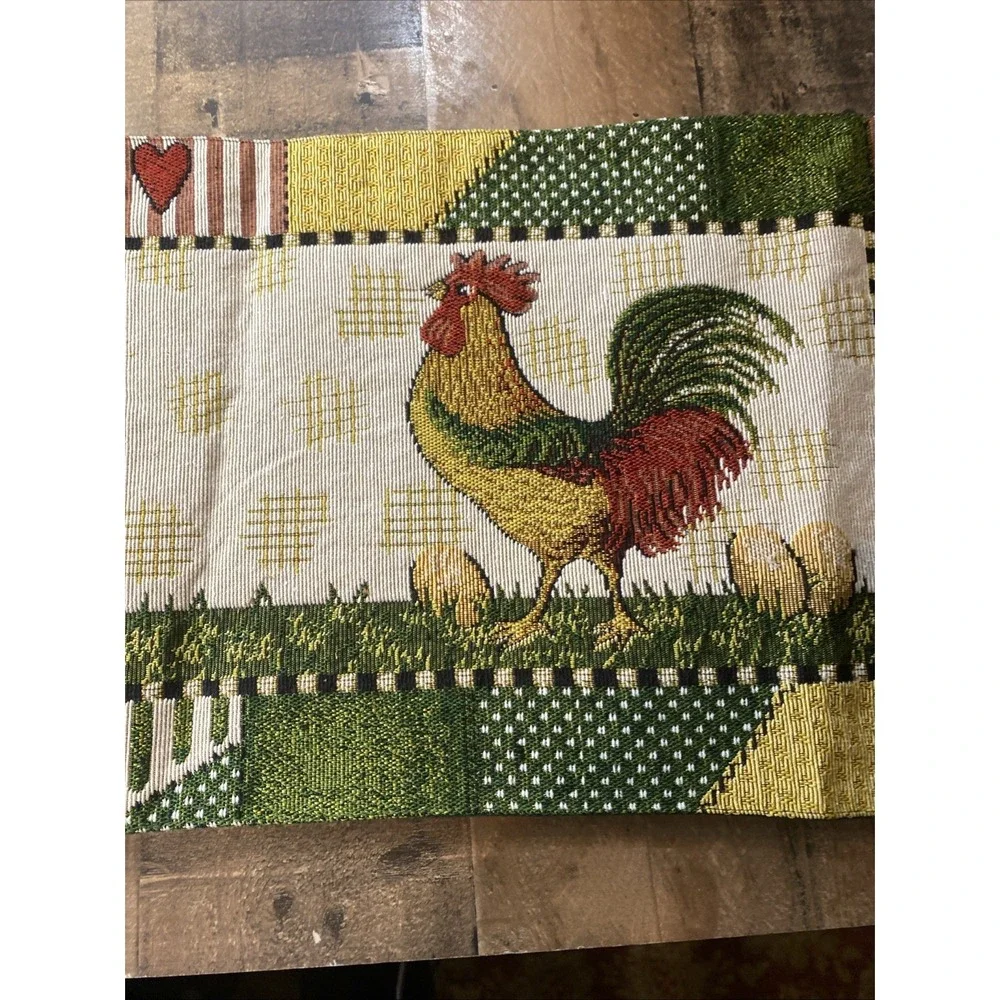 Vtg 90s Rooster Tapestry Table Runner Patchwork Hearts‎ Country Farmhouse Woven